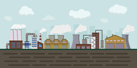 Factory industry, urban landscape with plant. Manufacture building panorama, warehouse facility zone outside of city area with smoke, exterior banner. Industrial production, vector illustration