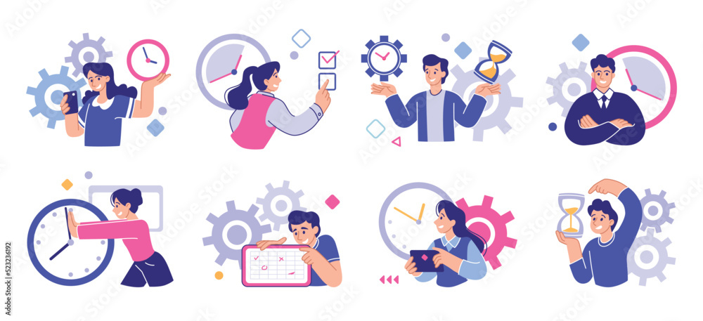 Poster people planning work. time management. productive persons organize tasks. efficient man with clock. 