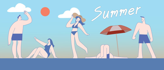 A Group of people on summer beach vacation.Woman and Men in swimming suit enjoy Summer in flat vector illustration.