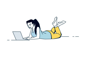 Woman with laptop. People working at home, freelance female character in comfortable conditions. Girl lying on the floor with a computer, working online. Vector self employed illustration