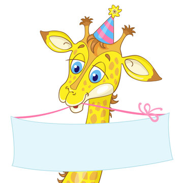 Portrait of a funny cute giraffe in a party hat holding a blank banner. In cartoon style. Place for your text. Isolated on white background.