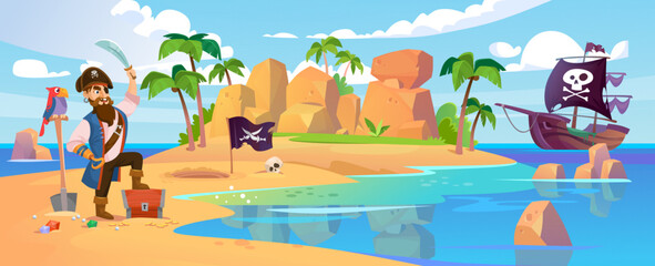 A pirate captain with a parrot found a treasure chest on a tropical island. Cartoon background for an adventure game with a pirate ship, palm trees, sandy beach and a secret place. Vector illustration