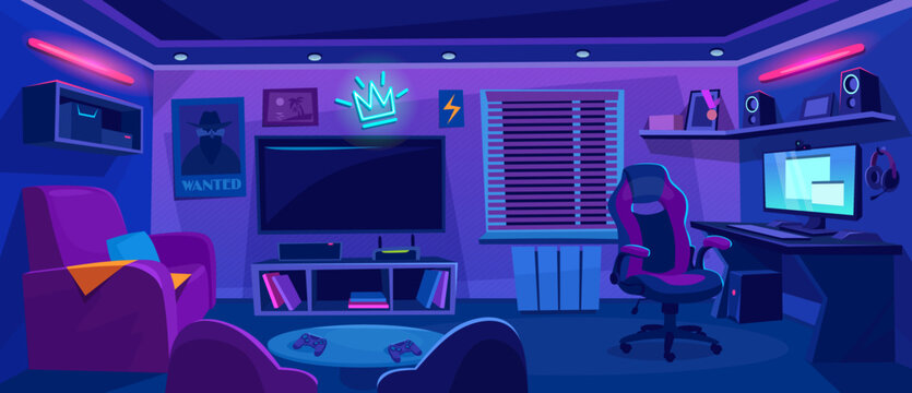 Gamer room interior design. Teenager bedroom with computer desk, chair, sofa, big screen tv, monitor, pc, console with controllers, headphones, poster and neon sign. Cartoon style vector illustration.