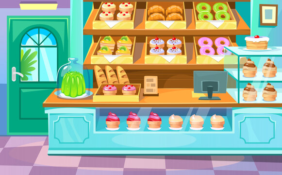 Empty bakery shop with donuts, cakes, croissants, bread and sweets on a showcase. Shelves with pastry in a cafe. Cafeteria interior. Game design concept. Cartoon style vector illustration.