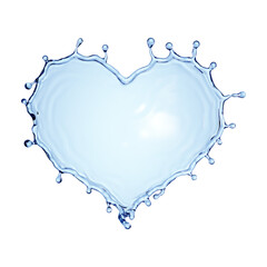 3d render. Heart shape water splash. Splashing blue liquid clip art isolated on transparent background