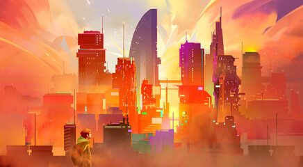 drawn fantastic city of the future at dawn in the fog