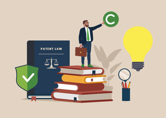 Patent office. Legal consultation. Intellectual property defence. Clerk holding copyright symbol. Pile of books, idea bulb and huge patent law book.  - obrazy, fototapety, plakaty