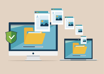 Exchanging files. Modern laptop and pc display. Copying files between devices. Upload and download folders and documents.