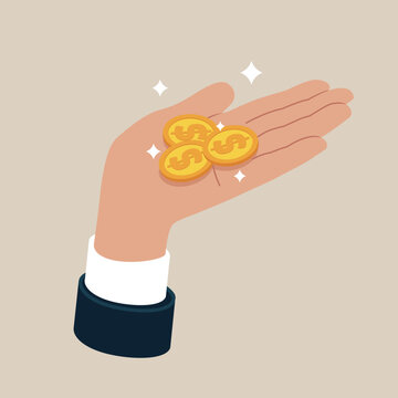 Gold coin in hand businessman. Concept of charity, donate. Stack of coins.