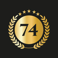74 Years Anniversary Celebration Icon Vector Logo Design Template With Golden Concept