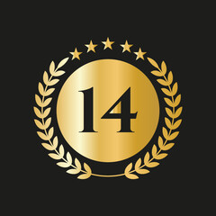 14th Years Anniversary Celebration Icon Vector Logo Design Template With Golden Concept