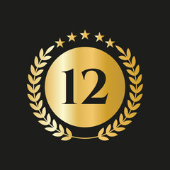 12th Years Anniversary Celebration Icon Vector Logo Design Template With Golden Concept