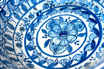 Detail of traditional white and blue ornate azulejo Portuguese ceramic plate, traditional local handicrafts from Portugal.