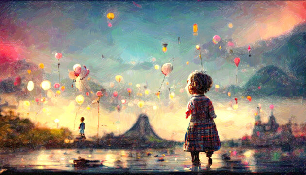 digital paint generating  with rough paper texture of  fantasy magic moment, a girl looking at colorful balloon floating to sky  at dusk or dawn with dim sunlight