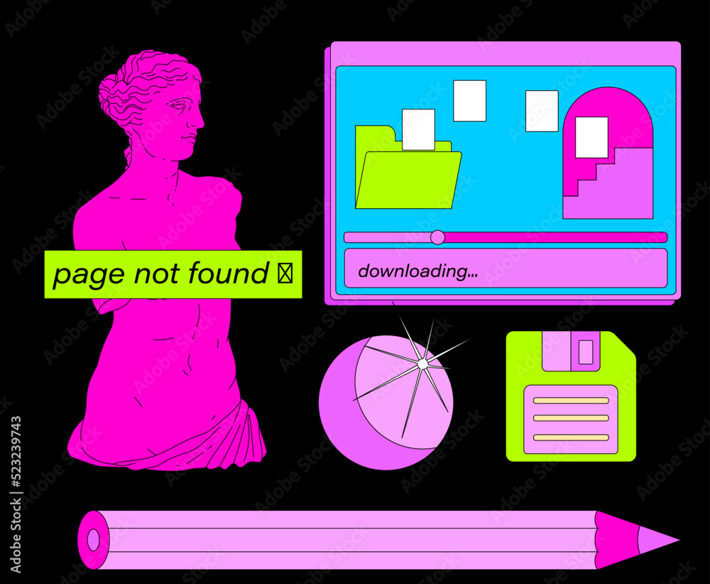 Aufkleber retro desktop with icons in vaporwave 80's style. collage of user interface elements and venus sculp