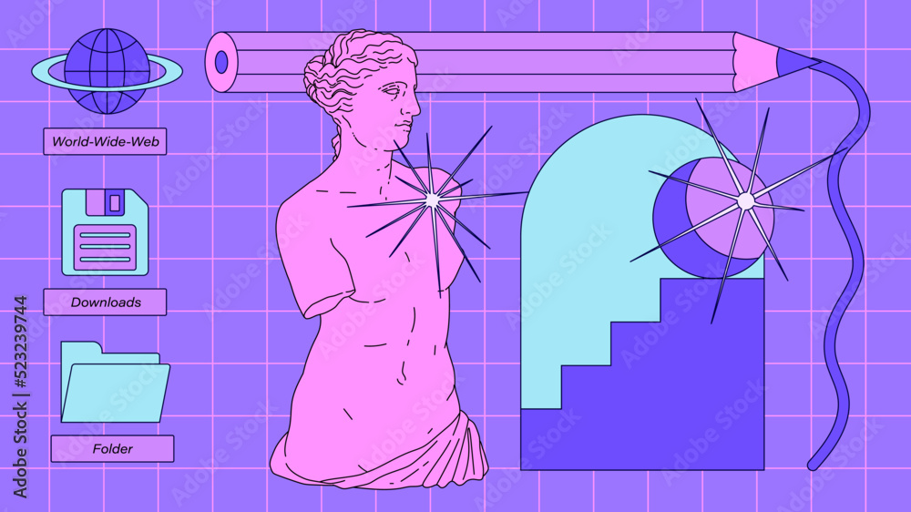 Poster Retro desktop with icons in vaporwave 80's style. Collage of user interface elements and Venus sculpture. 