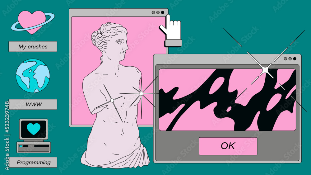 Poster Retro desktop with icons in vaporwave 80's style. Collage of user interface elements and Venus sculpture. 