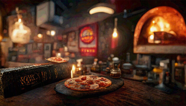 digital paint illustration of cozy pizza shop and restaurant with pizza plate on wooden table without people . Rough paper texture