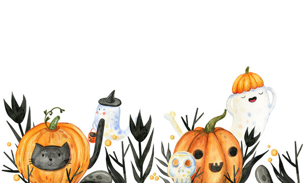 Watercolor border on the theme of Halloween. With ghost, pumpkin, skull, black leaves, black flower.