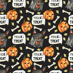 Watercolor Halloween seamless pattern illustration. High quality illustration background. Magic Halloween scary night decoration and scrapbooking.