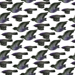 Seamless, watercolor pattern on the theme of Halloween. Black birds, crows fly. For gift wrapping