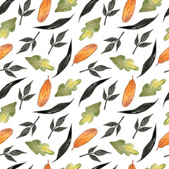 Seamless, watercolor pattern on the theme of autumn.
Budovye, maple, yellow leaves. For gift wrapping.