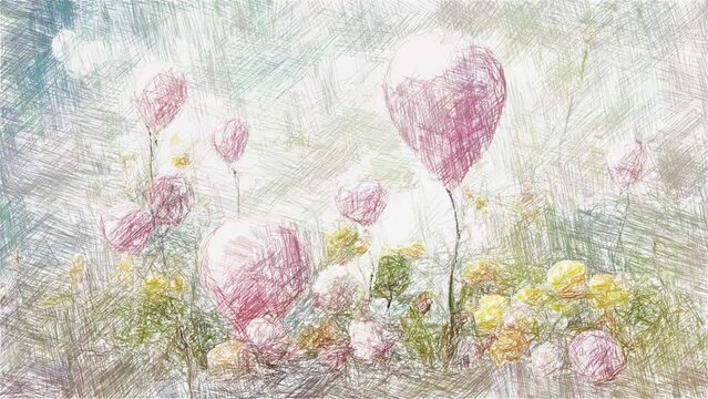 Title: time-lapse of digital painting with pencil texture illustration of pink balloon look like flower on meadow 