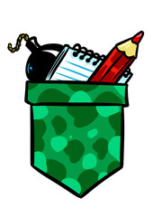 War correspondent pocket khaki notepad pencil bomb clipart cartoon illustration