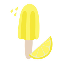 Lemon ice cream lollipop or popsicle with slice of lemon and drops, vector