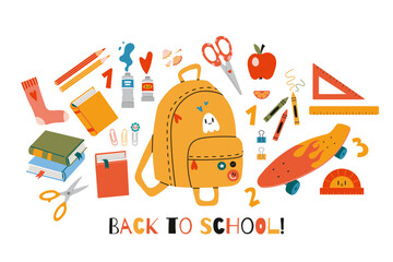 Cute school stationery and Art Supplies Set, cartoon style. The contents of the student backpack. Kawaii workspace accessories. Trendy vector illustration isolated on white, hand drawn, flat.