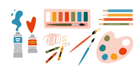 Painting tools elements vector set, cartoon style. Art supplies: paint tubes, brushes, pencil, watercolor, palette. Trendy modern vector illustration isolated on white, hand drawn, flat - obrazy, fototapety, plakaty