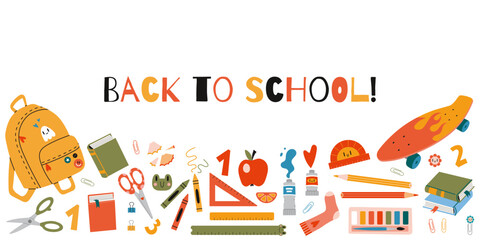 Back to school, horizontal banner with cute school stationery and art supplies, cartoon style. Trendy modern vector illustration isolated on white background, hand drawn, flat