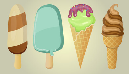 A set of ice cream in a cone. Chocolate ice cream in a waffle cone. Vector
