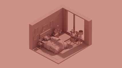 3d rendering isometric bed room interior open view red