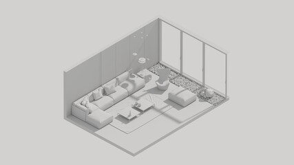 3d rendering isometric living room interior open view  white