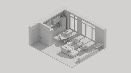 3d rendering isometric living room interior open view, kitchen  white