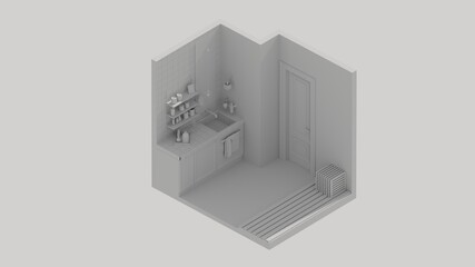 3d rendering isometric bath room interior open view  white