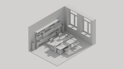 3d rendering isometric office room interior open view, work space white - obrazy, fototapety, plakaty