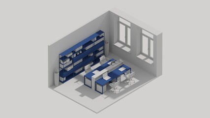 Obraz premium 3d rendering isometric office room interior open view, blue