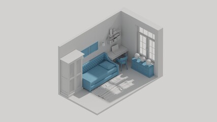 3d rendering isometric child room interior open view blue