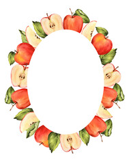 Watercolor red apple wreath. Fall circle arrangement with fruit and green leaves. Half, slice of apple. Isolated. Food botanical illustration. Hand painted clipart.