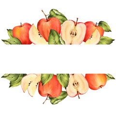Watercolor red apple frame. Arrangement with fruit and green leaves. Half, slice of apple. Isolated. Food botanical illustration. Hand painted clipart.