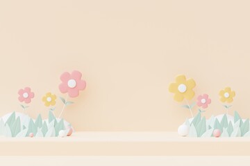 Abstract Pastel of nature, flowers leaves and tree plants with Podium stand platform. Cute Cartoon natural landscape background. Scene of spring colorful plants with minimal design. 3D Render.