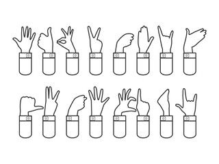 Silhouette of gestures. Hands. Set. Graphics. Vector. On white background. Used as a pointer, sign, symbol, emblem, stencil. Can be used for printing in web design