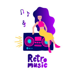 Disco party 70s 80s. Woman boombox dance retro night party poster. Retro Music Club Fashion