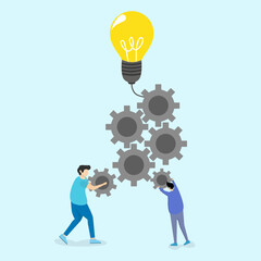 Vector illustration of business concept, people working together to create ideas, glowing light bulb pops up ideas, symbol of creativity, creative ideas, thoughts, thoughts.