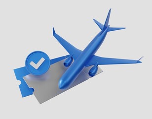 Ready air tickets, infographics with airplane and tickets. Confirmation of the transaction when buying a ticket. Stylized airplane and check mark. 3d rendering.