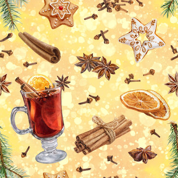 Watercolor winter seamless pattern with mulled wine, spices, christmas tree. Christmas drinks and sweets set.