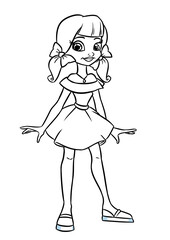 Fashionable beautiful teen girl blue dress style cartoon illustration coloring page