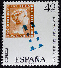Sello postal de España , Dia Mundial del Sello 1967correspondencia, carta, comunicaciones, matasellos, correo, filatelia, postal, antigüedad, afición, anulado, viejo, letter, mail, stamp, postage, pos